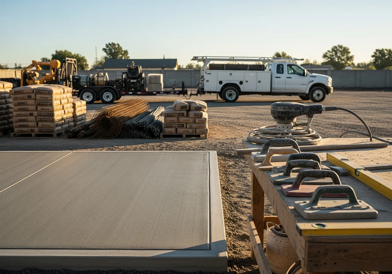 Concrete work site showing finished flatwork and tools of the trade ready for the next project.