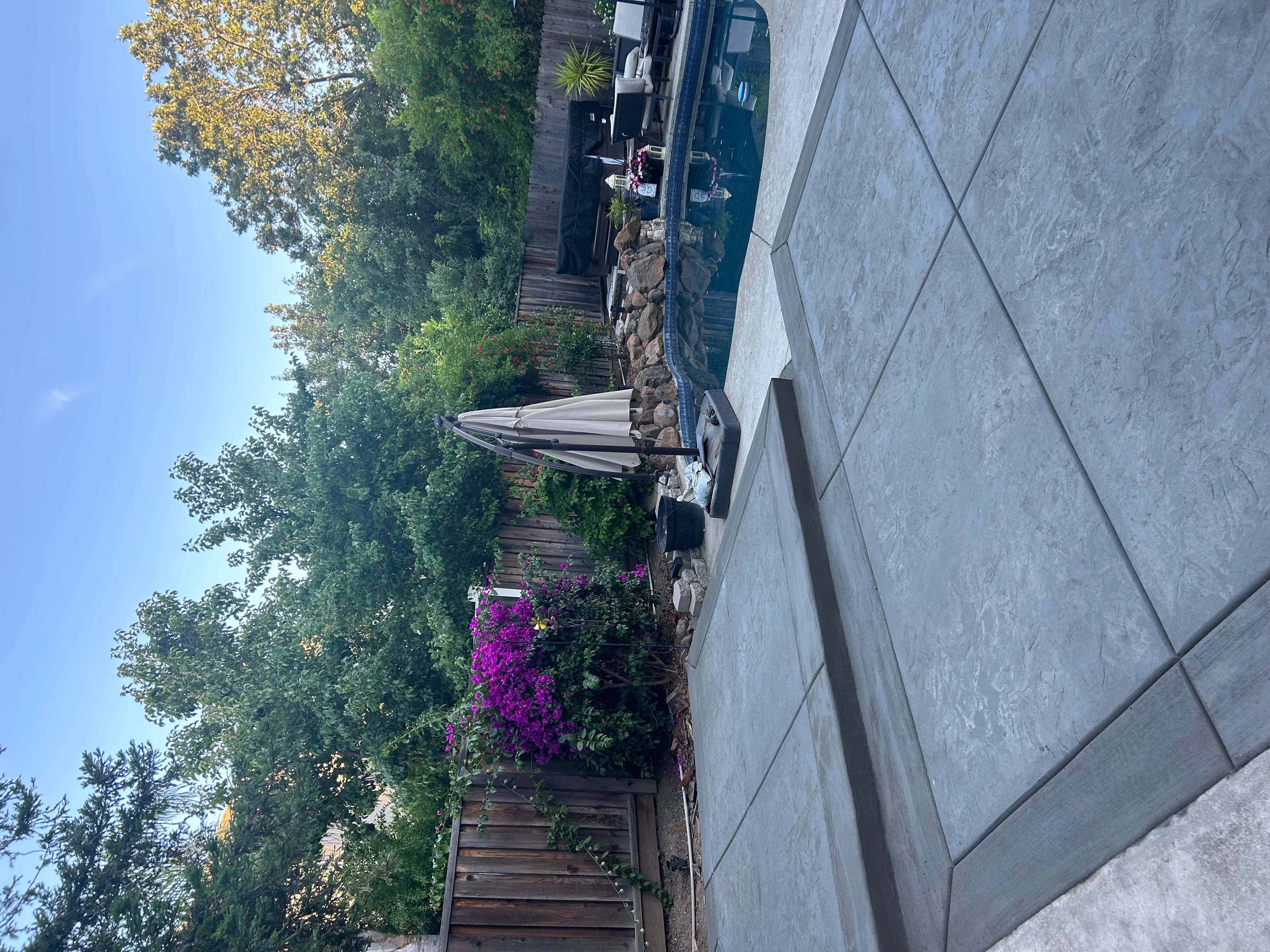 Finished concrete patio with seamed sections next to home with purple bougainvillea flowers