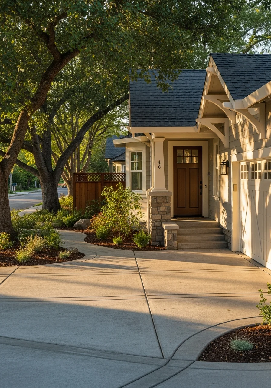 Close-up of a well-maintained Sacramento home exterior with mature landscaping and clear entry, representing the quality residential properties we serve throughout the city.