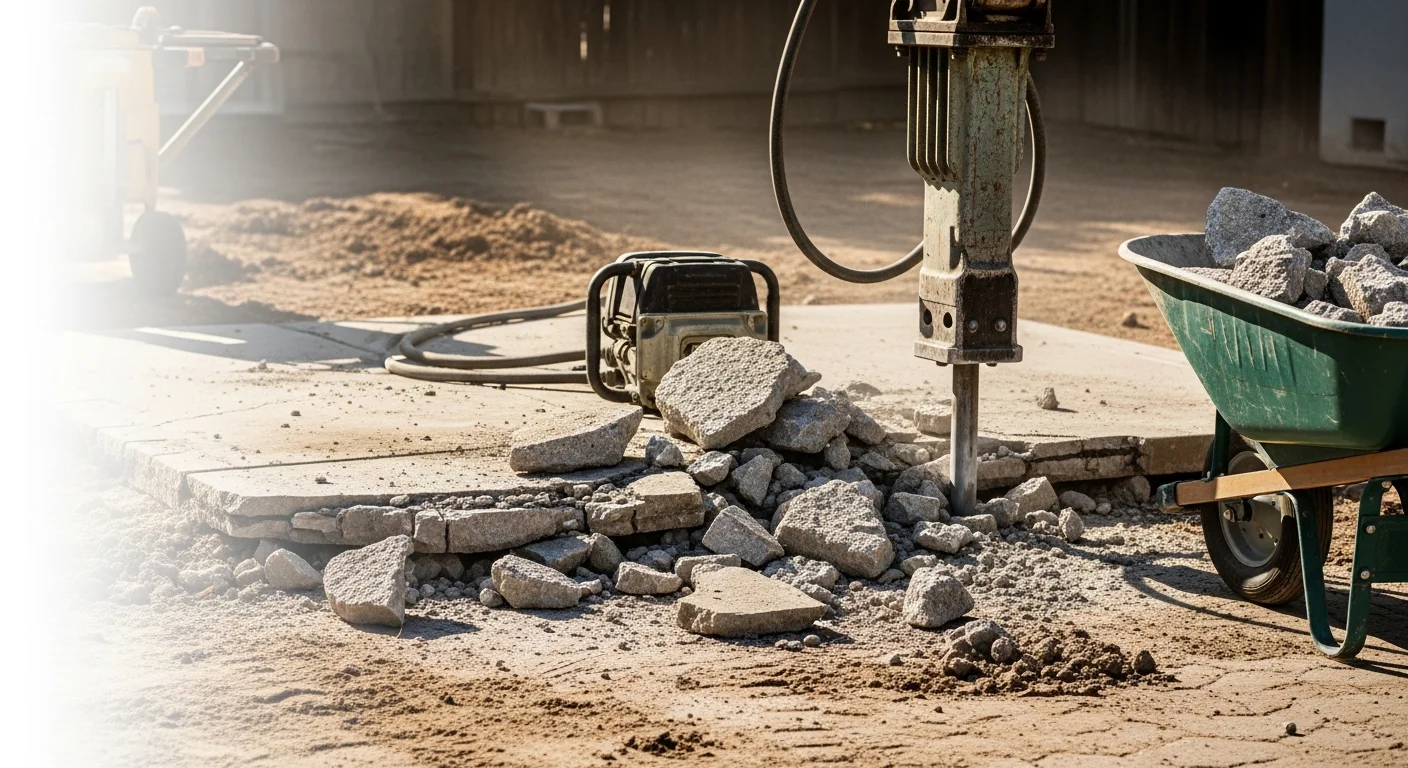 A concrete driveway slab broken into sections during demolition at a Sacramento residential property. Rubble is piled near a hauling truck ready for removal, with the surrounding yard and home visible in the background.