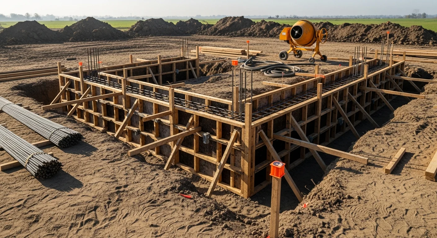 Freshly poured reinforced concrete foundation footing with steel rebar visible at a residential construction site in Sacramento, California. The footing forms are set level on compacted soil with drainage grading sloped away from the structure.